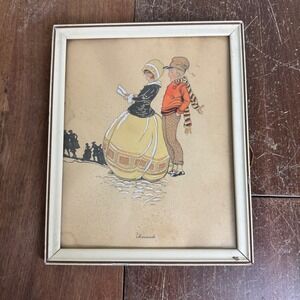 Gladys T Gibbs 1930s hand painted lithograph SERENADE in‎ Vintage Wood Frame